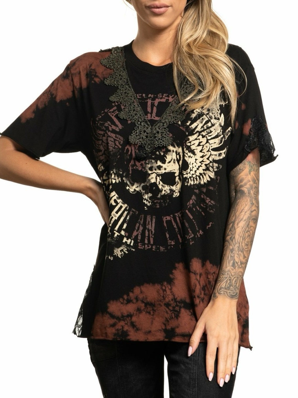 AFFLICTION Women's T-Shirt AC FALLOUT PAINT Biker Tee
